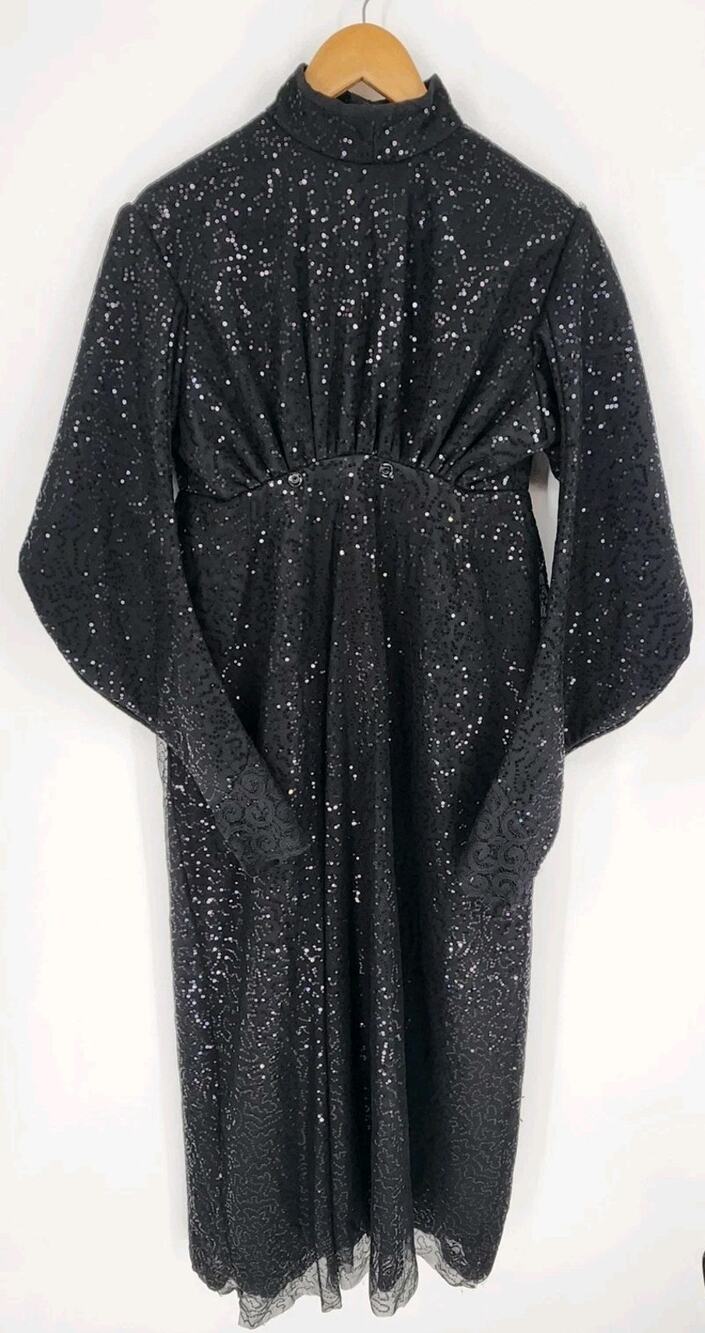 Handmade Black Sequin Lace Long Sleeve A-Line Dress Gothic Theater Costume